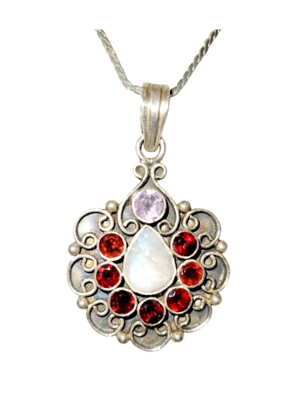 Sterling Silver Tear Drop Rainbow moonstone with Garnets and Rose Quartz Pendant